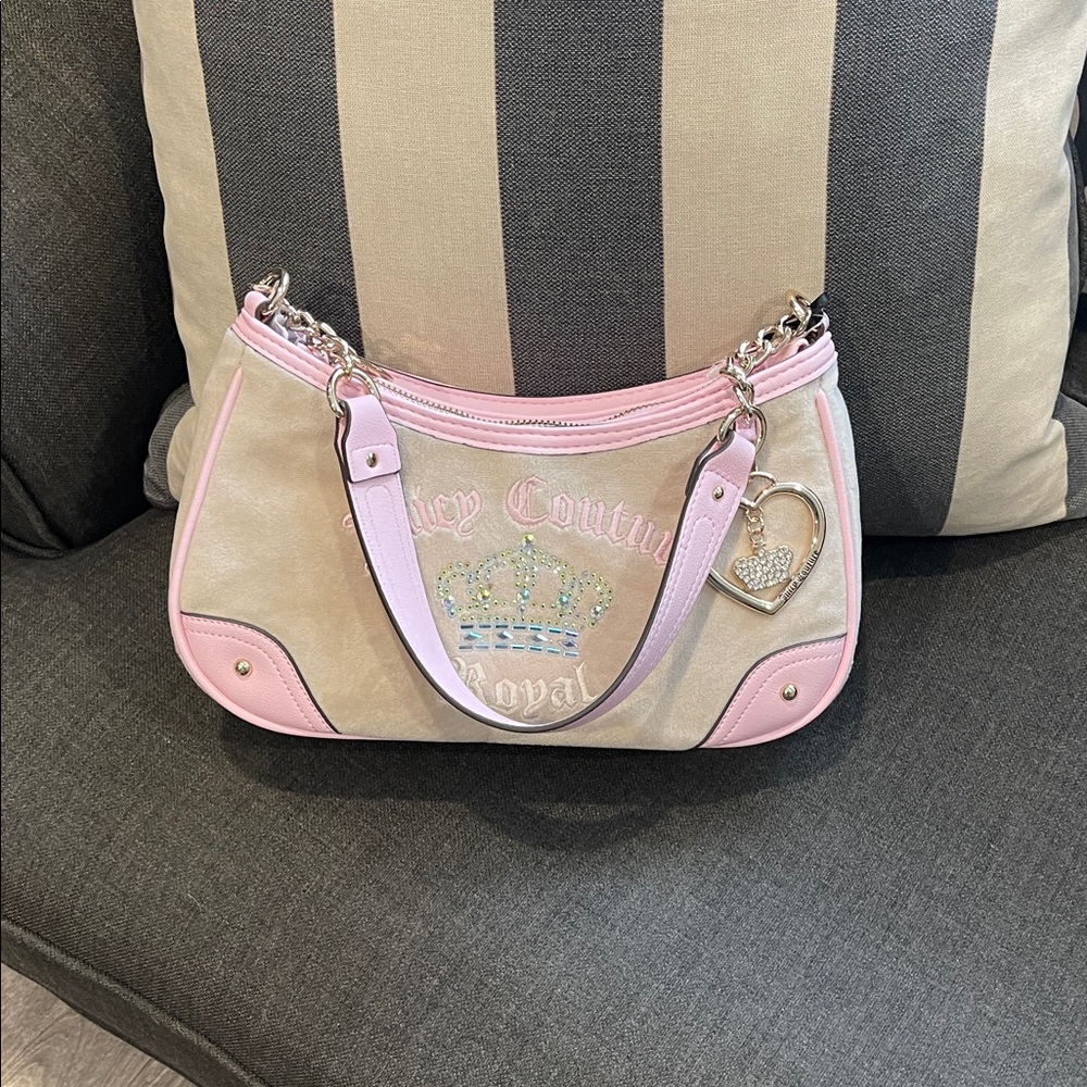 Juicy Couture Pink and Beige Crown Logo Shoulder Bag with Heart Charm